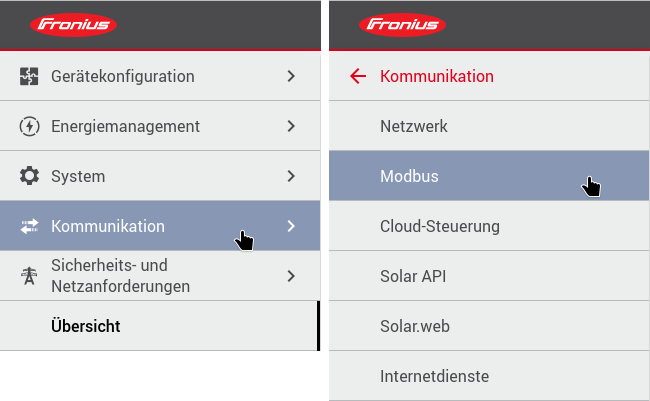 Am Wechselrichter-Webinterface die Modbus-Einstellungen aufrufen